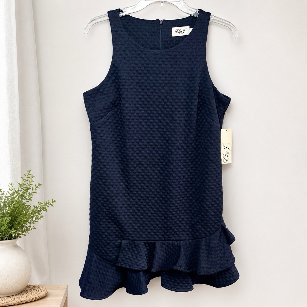 NWT Eliza J Cocktail Dress Womens 12P Navy Blue Ruffle Sleeveless Petite